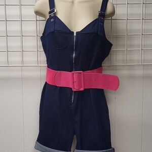DENIM SHORTS Jumpsuit with Pink Belt, SIZE 2X, Runs Small